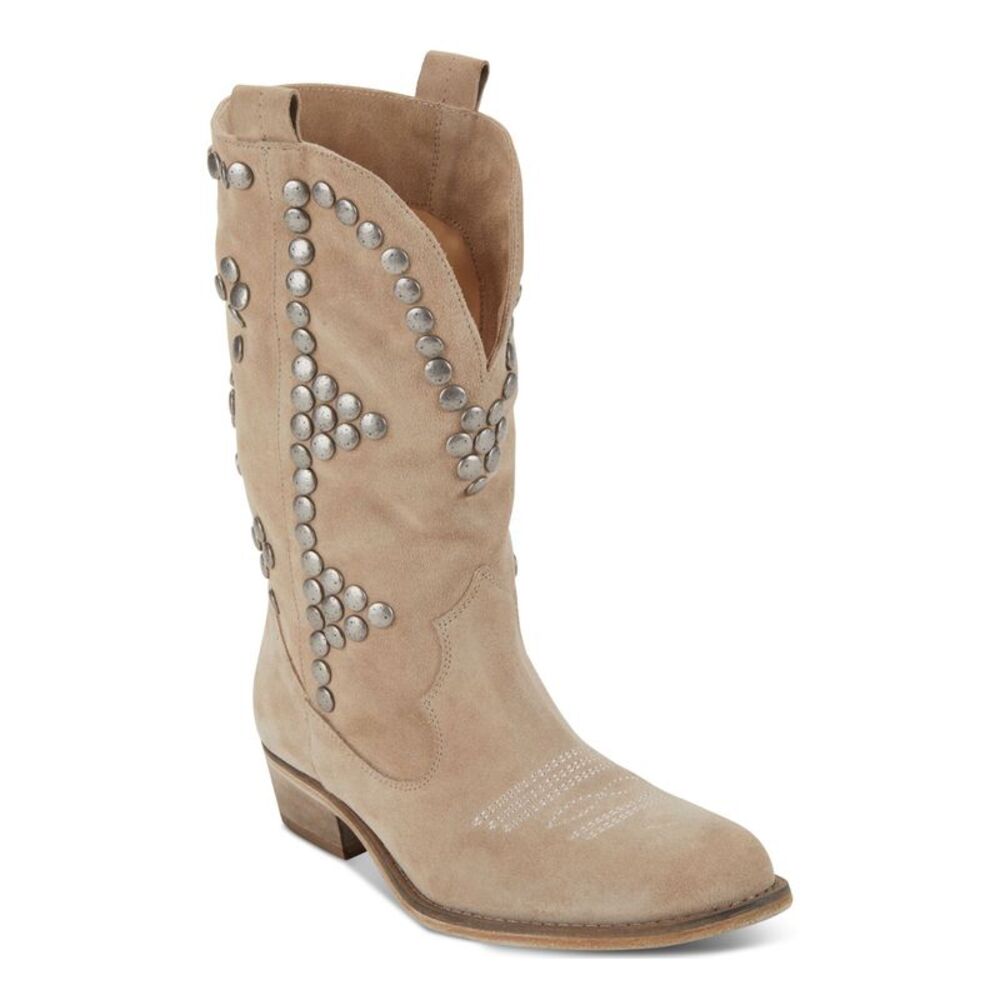 DKNY Womens Beige Studded Zari Round Toe Block Heel Leather Cowboy Boots 6
